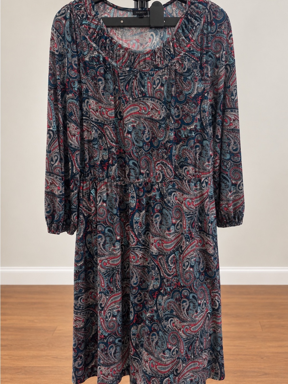 Talbots Navy and Red Paisley Long Sleeve Midi Dress
